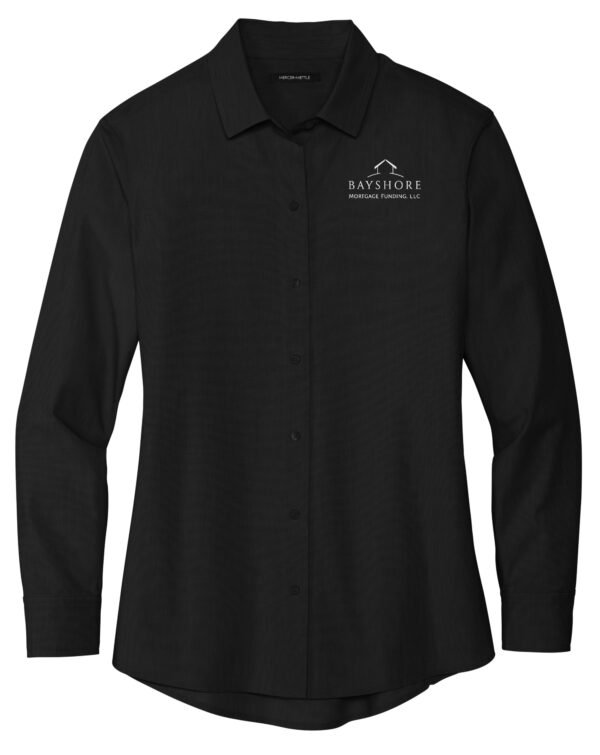 mm2001_deepblack_flat_front_white_logo Mercer+Mettle Women's Long Sleeve Stretch Woven Shirt - MM2001