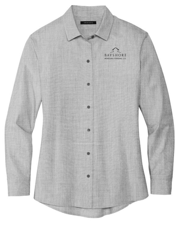 mm2001_gustygreyendonend_flat_front_black_logo Mercer+Mettle Women's Long Sleeve Stretch Woven Shirt - MM2001