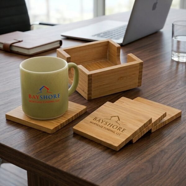 4" x 4" Bamboo Square 4-Coaster Set with Holder